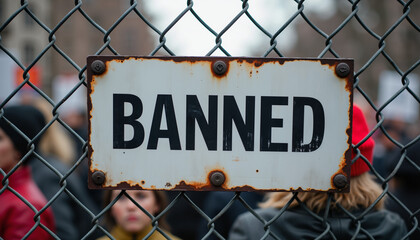 Banned sign displayed at a protest with a crowd background  
