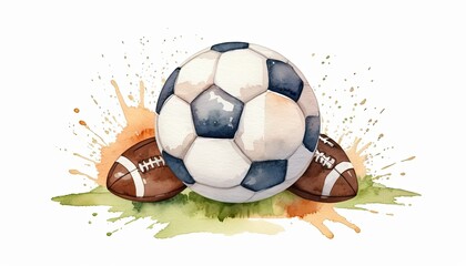 Watercolor Illustration of Soccer and American Footballs on Grass