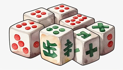 Watercolor Illustration of Stacked Mahjong Dice with Red and Green Dots