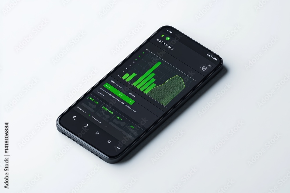 Aufkleber smartphone displaying a dark-themed app with green financial graphs, charts, and data visualizations