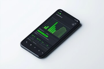 Smartphone displaying a dark-themed app with green financial graphs, charts, and data visualizations.