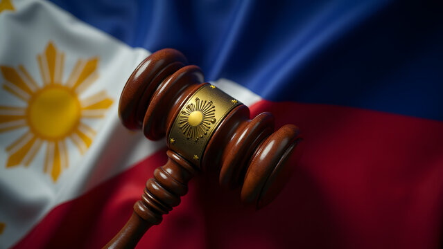 Narra gavel with gold over Philippine flag. Archipelagic legal symbolism with colonial lighting.