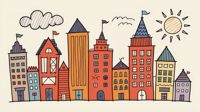 Quirky doodle sketch illustration of a simple cityscape with leaning buildings, wonky windows, and maybe a scribbled cloud or sun