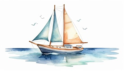 Fototapeta premium Watercolor Painting of a Sailboat on a Calm Sea