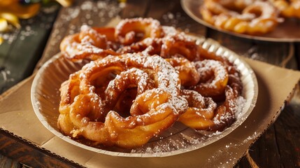 Funnel cake dusted powdered sugar served on paper plate at American fairground deep fried dessert food