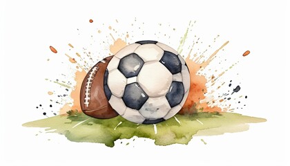 Watercolor Painting of Soccer and American Football Balls on Grass with Orange Splashes