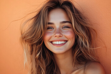 Fototapeta premium Woman in red dress dancing energetically in a sunlit field of wildflowers, her hair flowing as she twirls with joy.