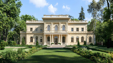 Fototapeta premium Elegant Beige Stone Mansion With Lush Garden