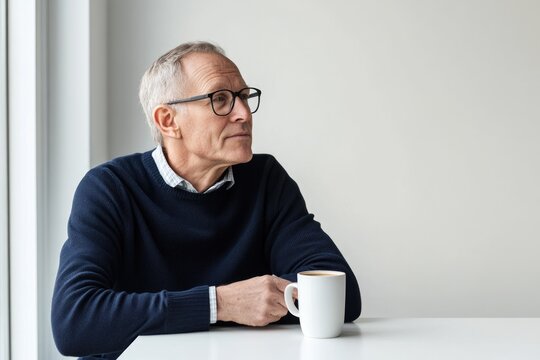 A thoughtful senior man with glasses sits by a window, holding a coffee mug, lost in contemplation.