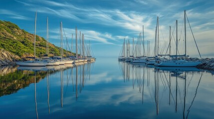 Obraz premium Yachts moored alongside a calm water surface under cloudy blue skies