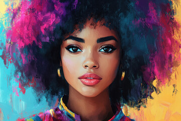 Vibrant painting of a woman with colorful hair, looking directly at the viewer, set against a dark background. Vibrant and captivating.
