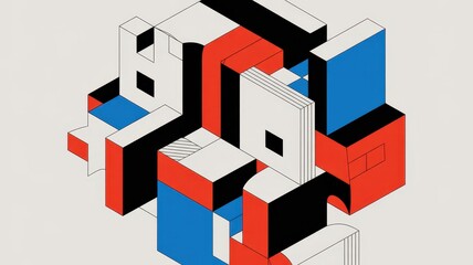 Naklejka premium Abstract neo-brutalist graphic composition. Features overlapping, sharp-edged geometric shapes (squares, rectangles, maybe brutalist-inspired blocky forms) in high-contrast solid colors