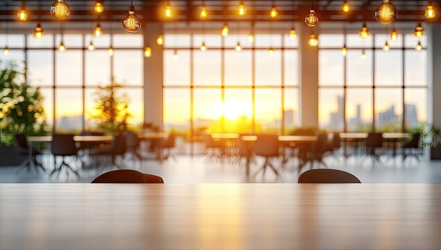 Modern open-plan office at sunset