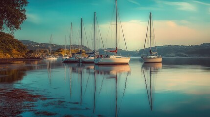 Obraz premium Peaceful harbor scene at dawn with sailboats.