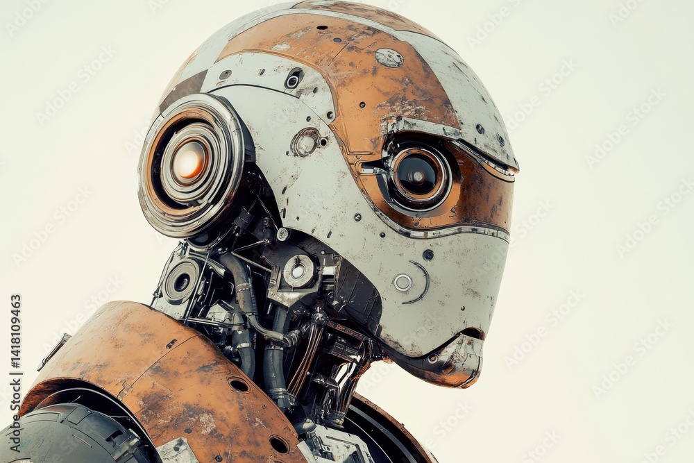 Poster unique robotic character design showcasing detailed mechanical features under soft lighting