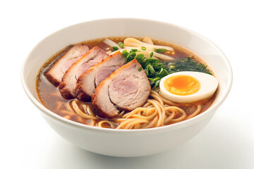Authentic Shoyu Ramen Bowl with Pork and Soft-Boiled Egg on Clean White Background – Minimalist Japanese Noodle Dish Photography