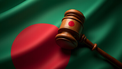 Mango wood gavel with red sun over Bangladeshi flag. Delta legal symbolism with monsoon lighting.