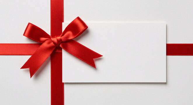 Blank White Gift Tag with Red Ribbon Bow &ndash; Festive Holiday Greeting or Wrapping Element

