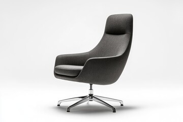 Modern dark gray fabric swivel chair with chrome base, elegant and comfortable design.