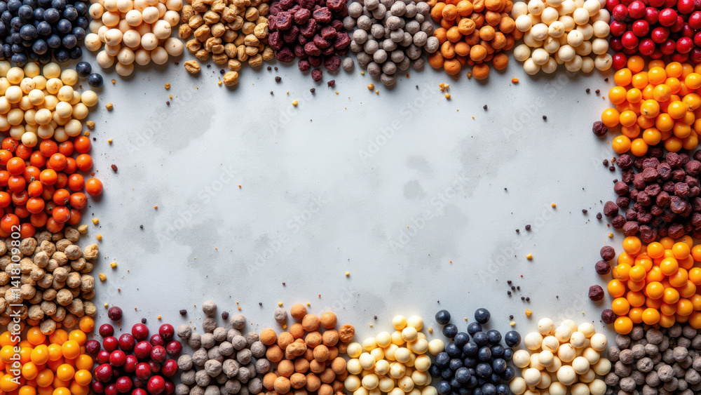 Poster various seeds displayed on a surface, showcasing a diversity of colors and textures, representative 