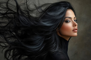 Woman with long black hair in a red dress twirling under a starry sky, illuminated by the full moon, surrounded by lush green trees and twinkling fairy lights.