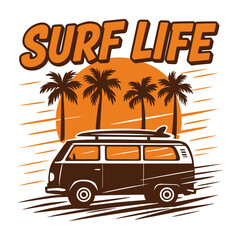 Retro van, bus  with surfboard on roof driving into the sunset, palm trees in background, surf life text, vintage summer active sports and travel concept for print designs.