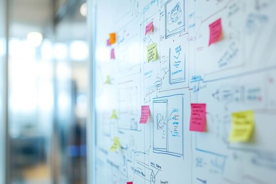 Whiteboard covered in hand-drawn diagrams, sticky notes, and design sketches for app development.
