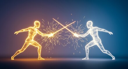 Obraz premium Abstract fencing duel between two luminous figures with energy swords clash
