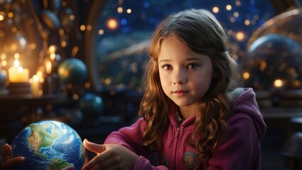 Naklejka premium A child in a blue sweater holds a small globe depicting North and South America