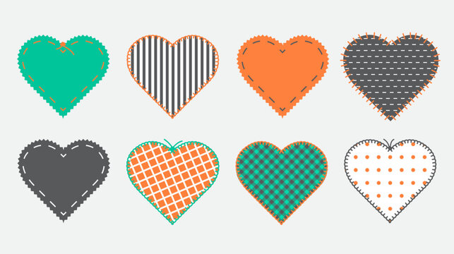 Decorative sewn hearts in vector with different patterns