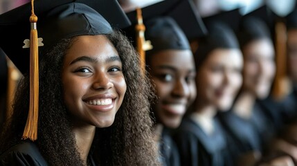 Fototapeta premium Diverse graduates, smiling, graduation ceremony, rows of caps and gowns