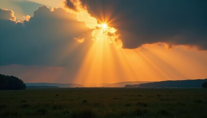 Golden rays pierce dark clouds, illuminating landscape, dusk, sunbeam