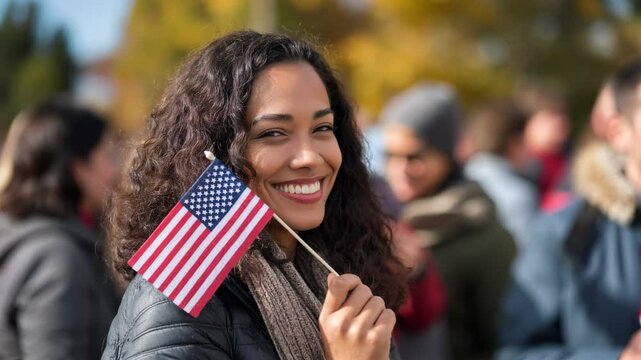 Happy smiling hispanic immigrant holding a small US flag the day of her naturalization ceremony