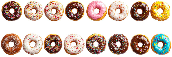 Delicious Donuts Collection 20 Glazed and Sprinkled Donuts Isolated on Transparent Background, donuts, food, dessert
