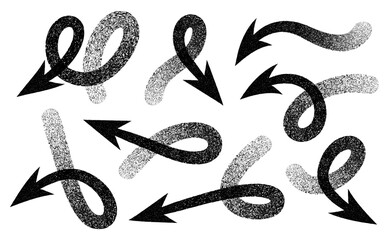 Collection of textured black arrows with swirling and curved forms pointing in various directions on a white background.
