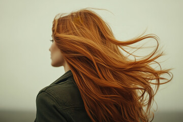 Naklejka premium Woman with long red hair standing on a cliff overlooking the ocean at sunset.