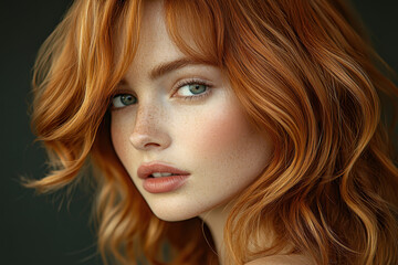 Fototapeta premium Woman with red hair and green eyes looking at sunset over ocean, a serene expression on her face, wind gently blowing through her hair.
