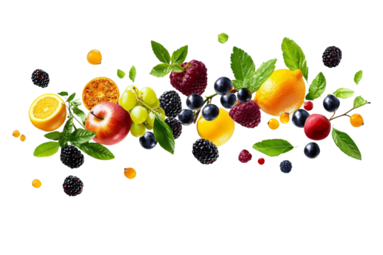 Flying Fresh Fruit Composition Apple, Orange, Berries and Grapes Isolated on Transparent Background, Fruit Collage, Healthy Food, Fruit, Food, Vitamins