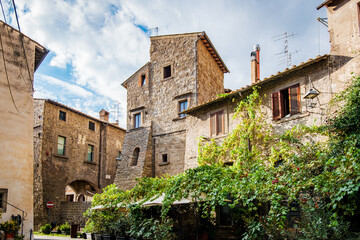 Lush vegetation adorns the historic stone buildings of Viterbo, Italy, creating a picturesque scene that captures the essence of this medieval town on a bright day