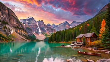 Fototapeta premium Majestic Mountain Landscape with Waterfall, Turquoise Lake, and Autumn Forest at Sunset Dreamlike Nature Scene in National Geographic Style