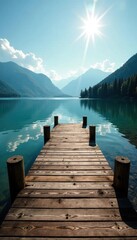 Obraz premium Rustic dock extends over shimmering lake; bright sunlight, relaxation, rustic, view