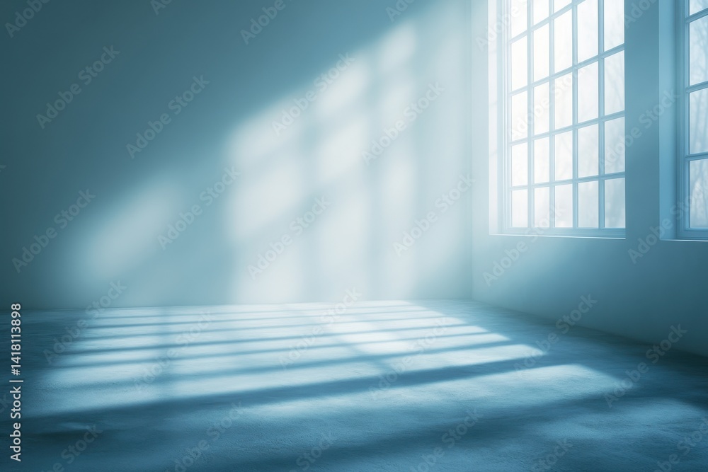 Poster sunlight beams create soft patterns in a serene, empty indoor space