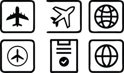 Airplane and Passport Icon Set for Travel Design. Travel Icons for Flights and International Trips.
Black Outline Icons of Airplanes and Passports.
Minimal Travel Icon Pack for Apps and Booking Sites