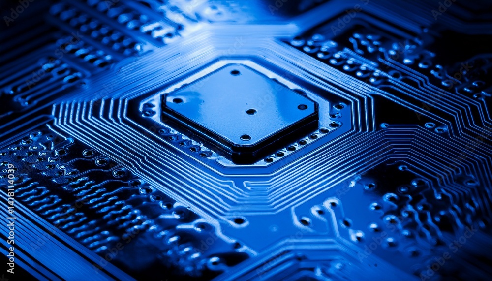 Poster a detailed close-up of a blue computer chip, showcasing intricate circuits and advanced technology