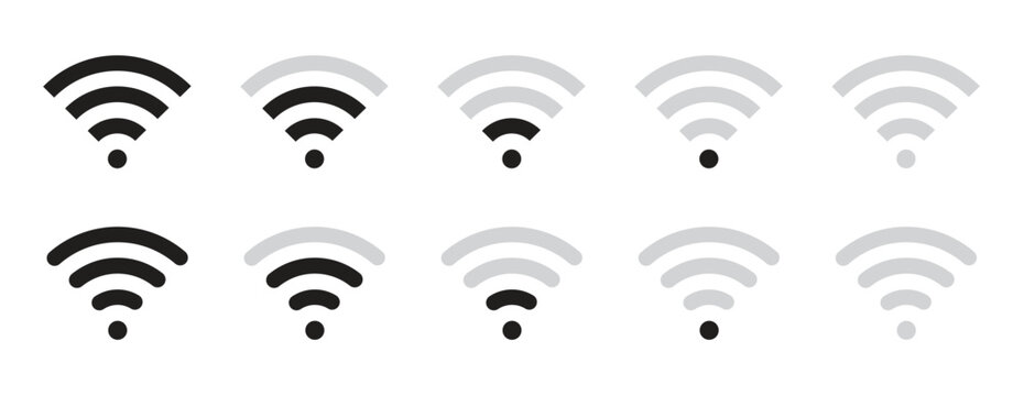Wi-Fi signal strength icons set for wireless network connection status in varying levels from strong to weak - Grayscale vector graphics