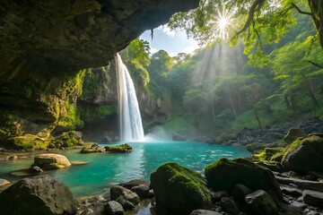 Majestic Waterfall in Hidden Cave with Turquoise Pool Ethereal Nature Photography in Tropical Paradise
