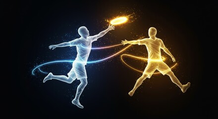 Obraz premium Dynamic ultimate frisbee match with luminous players and energy trails on black