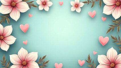 Fototapeta premium Mother’s Day poster design with detailed flower petals, smooth heart shapes, and soft textures on teal background