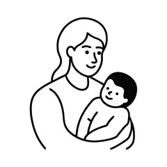 Minimalist line art depiction of a mother holding her newborn child with love and care
