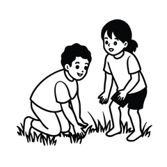 Outline illustration of two children playing outdoors in a field